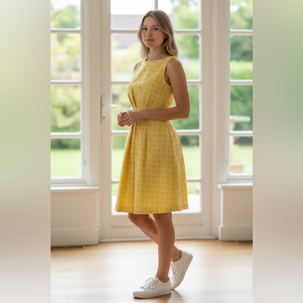 Tommy Hilfiger Yellow Fit & Flare Geometric Pleated Dress Size 2